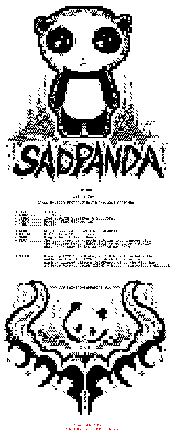 NFO for the release Close-Up.1990.PROPER.720p.BluRay.x264-SADPANDA by SADPANDA