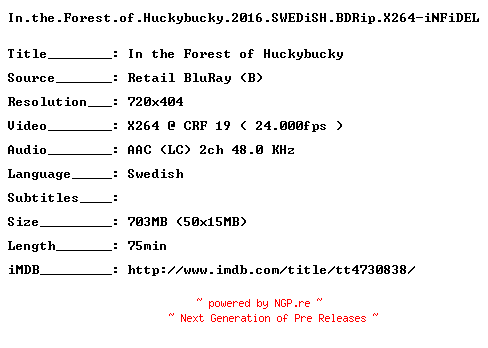 NFO for the release In.the.Forest.of.Huckybucky.2016.SWEDiSH.BDRip.X264-iNFiDEL by iNFiDEL