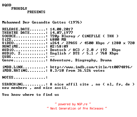 NFO for the release Mohammed.Der.Gesandte.Gottes.1976.German.AC3D.DL.720p.BluRay.x264-HQOD by HQOD