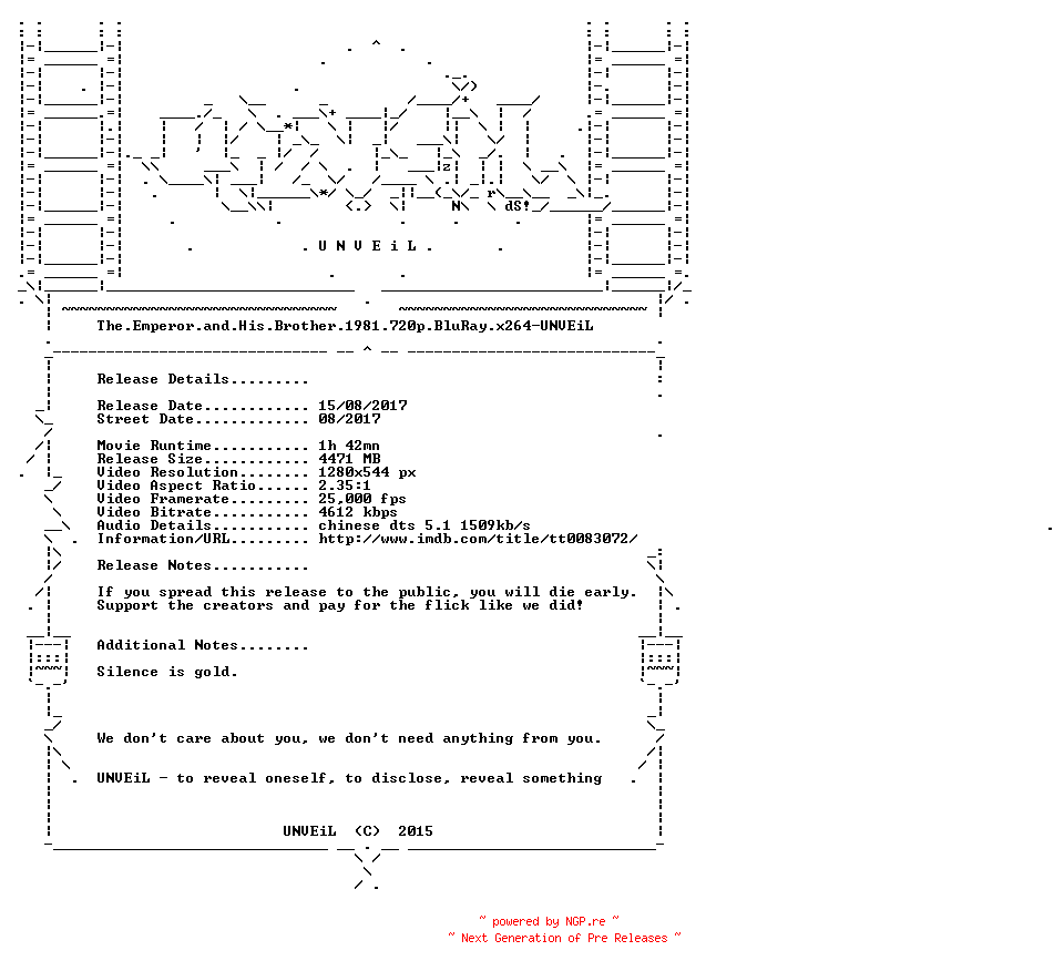 NFO for the release The.Emperor.and.His.Brother.1981.720p.BluRay.x264-UNVEiL by UNVEiL