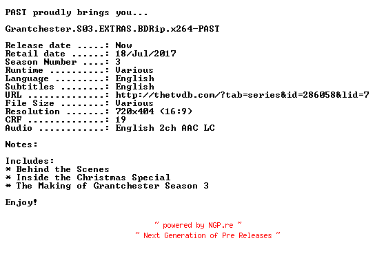 NFO for the release Grantchester.S03.EXTRAS.BDRip.x264-PAST by PAST