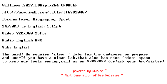 NFO for the release Williams.2017.BDRip.x264-CADAVER by CADAVER