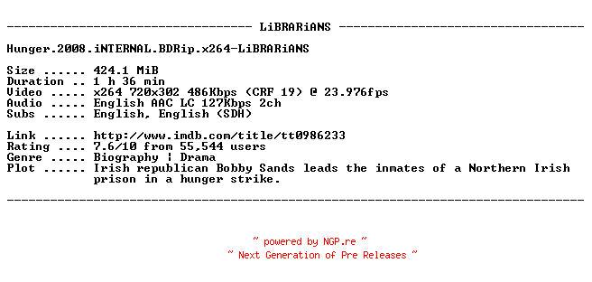 NFO for the release Hunger.2008.iNTERNAL.BDRip.x264-LiBRARiANS by LiBRARiANS