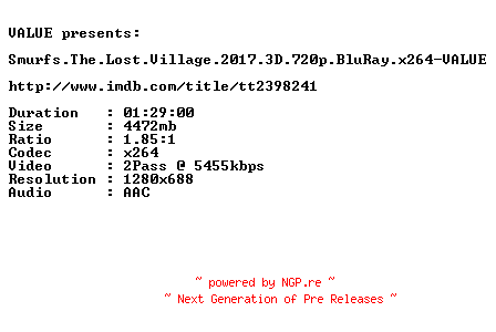 NFO for the release Smurfs.The.Lost.Village.2017.3D.720p.BluRay.x264-VALUE by VALUE