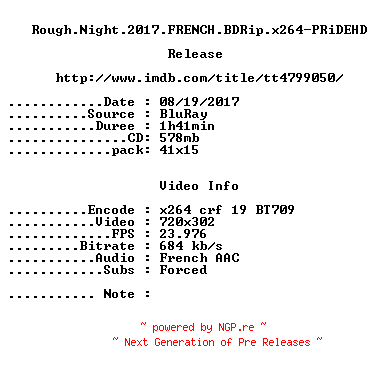 NFO for the release Rough.Night.2017.FRENCH.BDRip.x264-PRiDEHD by PRiDEHD
