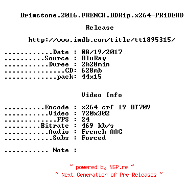 NFO for the release Brimstone.2016.FRENCH.BDRip.x264-PRiDEHD by PRiDEHD