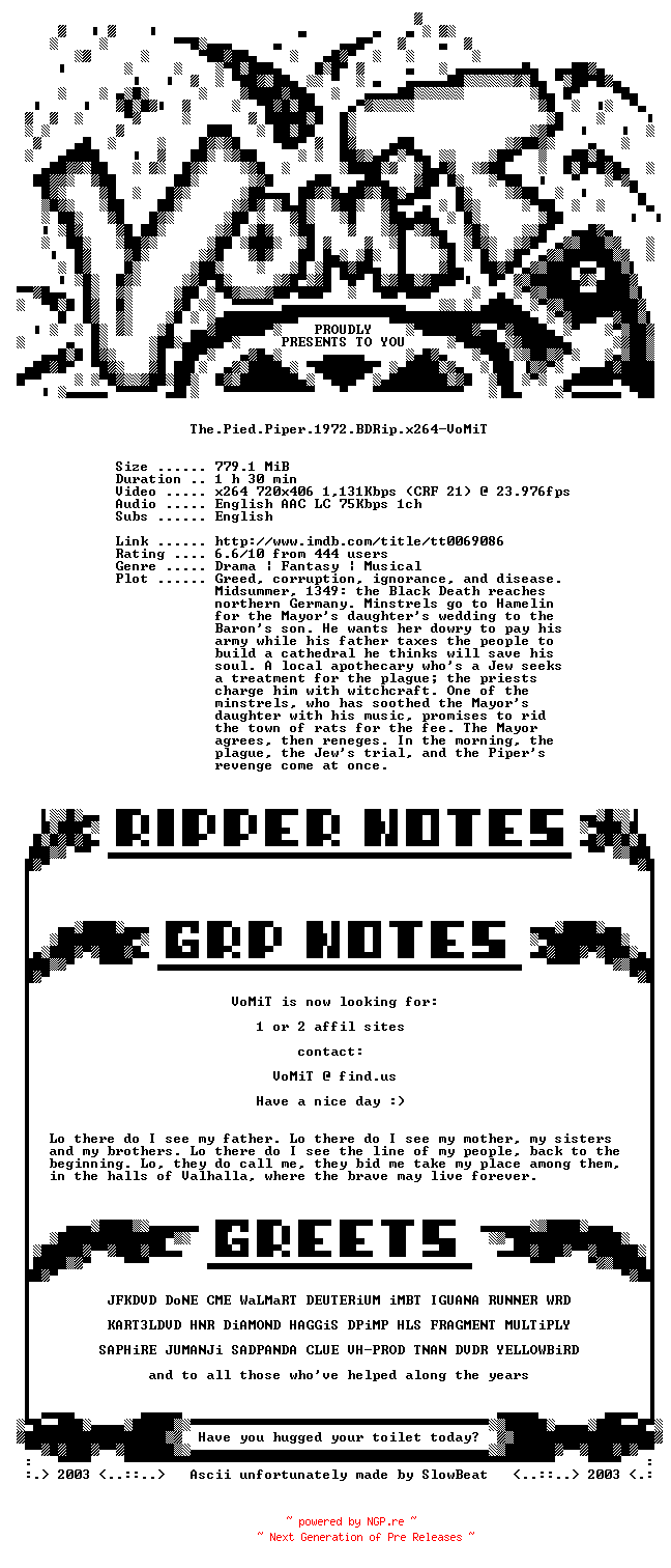 NFO for the release The.Pied.Piper.1972.BDRip.x264-VoMiT by VoMiT