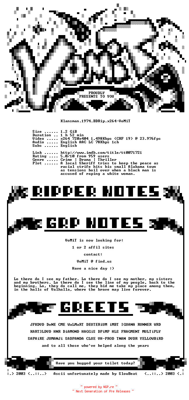 NFO for the release Klansman.1974.BDRip.x264-VoMiT by VoMiT
