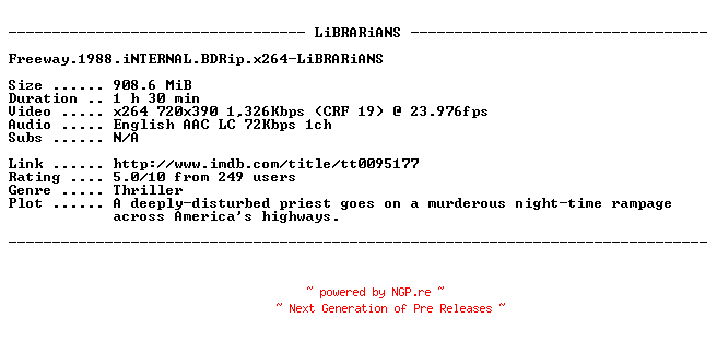 NFO for the release Freeway.1988.iNTERNAL.BDRip.x264-LiBRARiANS by LiBRARiANS