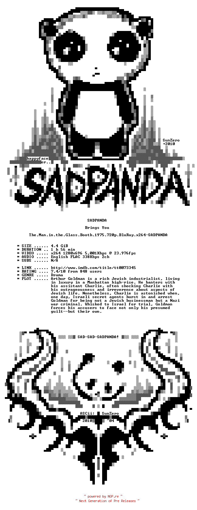 NFO for the release The.Man.in.the.Glass.Booth.1975.720p.BluRay.x264-SADPANDA by SADPANDA