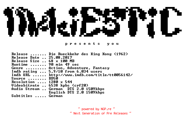 NFO for the release Die.Rueckkehr.des.King.Kong.1962.German.DL.720p.BluRay.x264-MAJESTiC by MAJESTiC