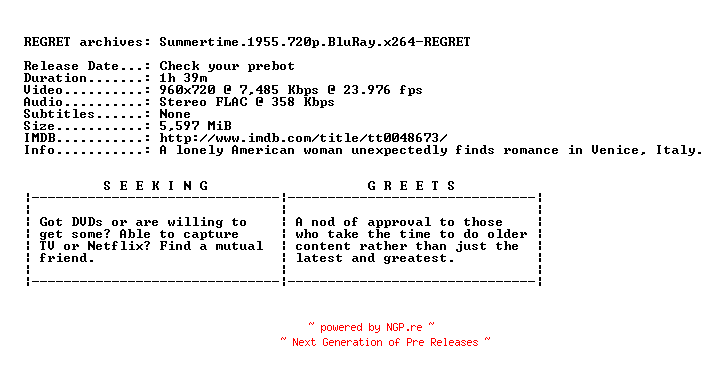 NFO for the release Summertime.1955.720p.BluRay.x264-REGRET by REGRET