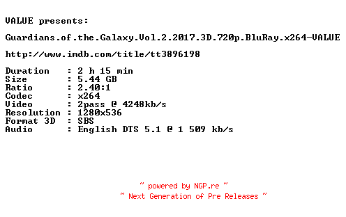 NFO for the release Guardians.of.the.Galaxy.Vol.2.2017.3D.720p.BluRay.x264-VALUE by VALUE