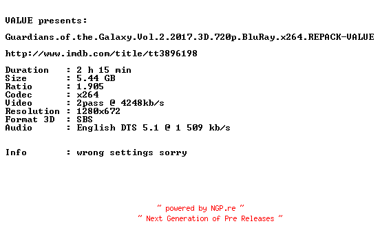 NFO for the release Guardians.of.the.Galaxy.Vol.2.2017.3D.720p.BluRay.x264.REPACK-VALUE by VALUE