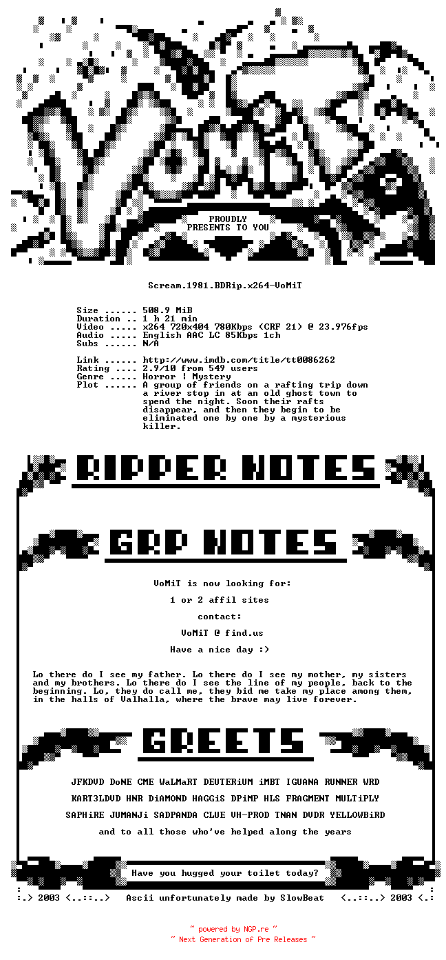 NFO for the release Scream.1981.BDRip.x264-VoMiT by VoMiT