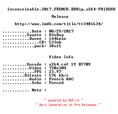 NFO for the release Inconceivable.2017.FRENCH.BDRip.x264-PRiDEHD by PRiDEHD