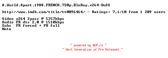 NFO for the release A.World.Apart.1988.FRENCH.720p.BluRay.x264-DuSS by DuSS