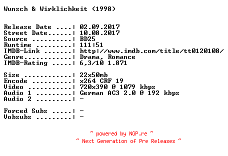 NFO for the release Wunsch.und.Wirklichkeit.German.1998.AC3.BDRip.x264-SPiCY by SPiCY