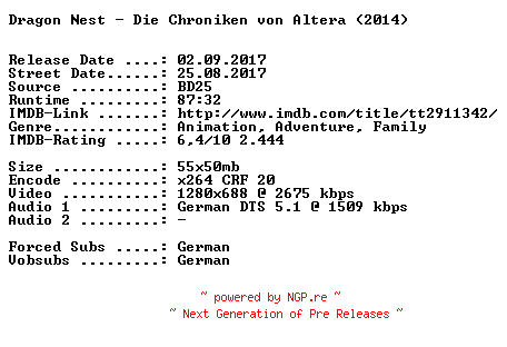NFO for the release Dragon.Nest.Die.Chroniken.von.Altera.2014.German.720p.BluRay.x264-SPiCY by SPiCY