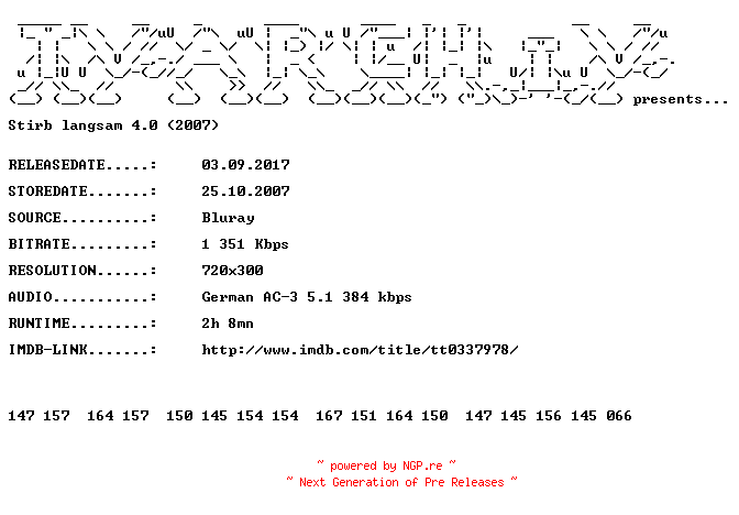 NFO for the release Stirb.langsam.4.0.2007.German.BDRip.x264.iNTERNAL-TVARCHiV by TVARCHiV