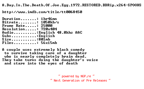 NFO for the release A.Day.In.The.Death.Of.Joe.Egg.1972.RESTORED.BDRip.x264-SPOOKS by SPOOKS