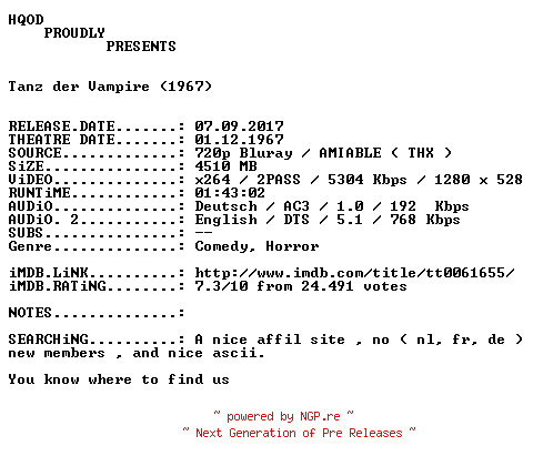 NFO for the release Tanz.der.Vampire.1967.German.AC3D.DL.720p.BluRay.x264-HQOD by HQOD