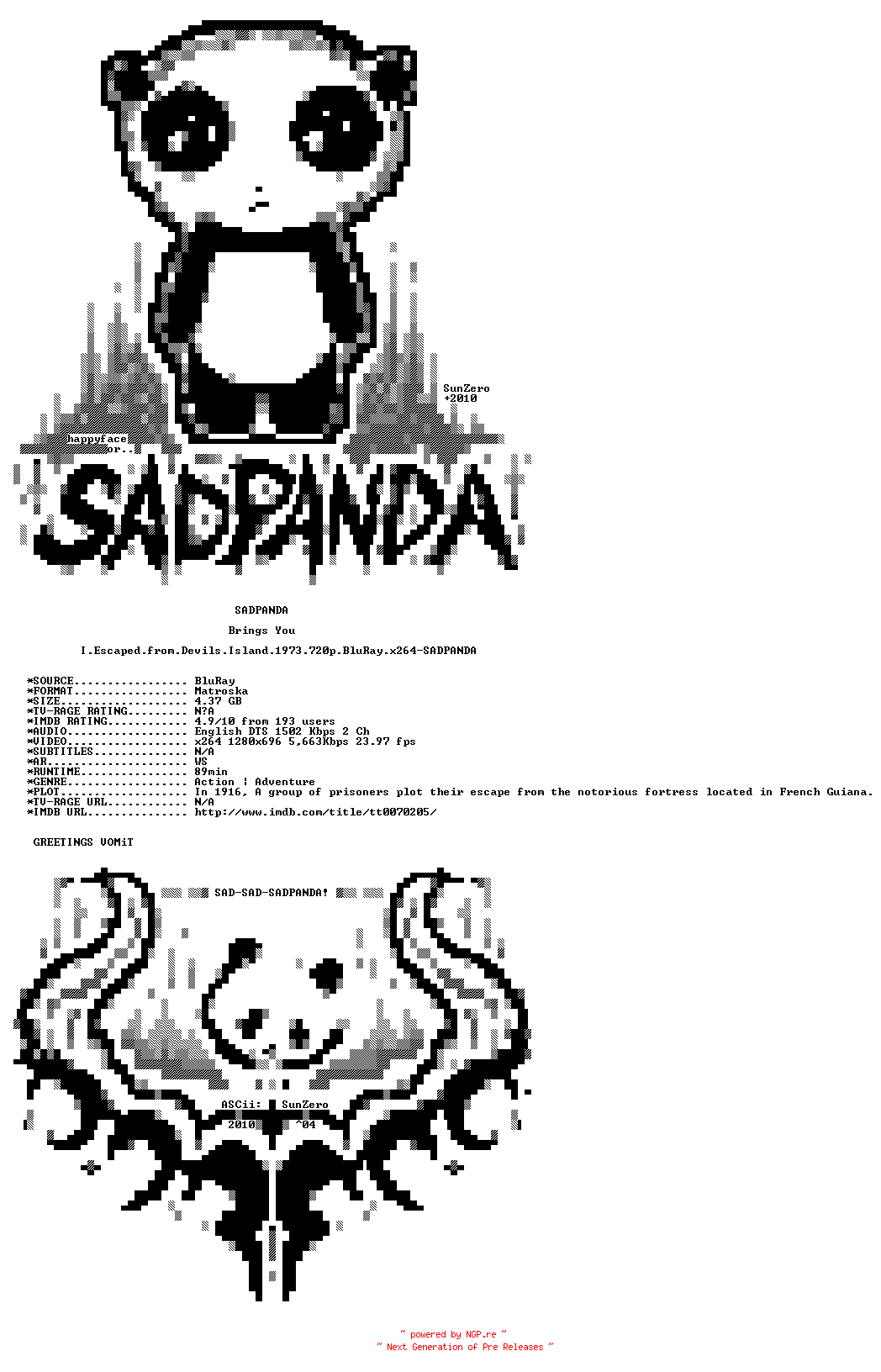 NFO for the release I.Escaped.from.Devils.Island.1973.720p.BluRay.x264-SADPANDA by SADPANDA