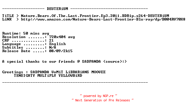 NFO for the release Nature.Bears.Of.The.Last.Frontier.Ep3.2011.BDRip.x264-DEUTERiUM by DEUTERiUM