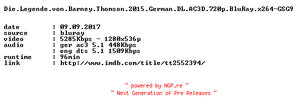 NFO for the release Die.Legende.von.Barney.Thomson.2015.German.DL.AC3D.720p.BluRay.x264-GSG9 by GSG9