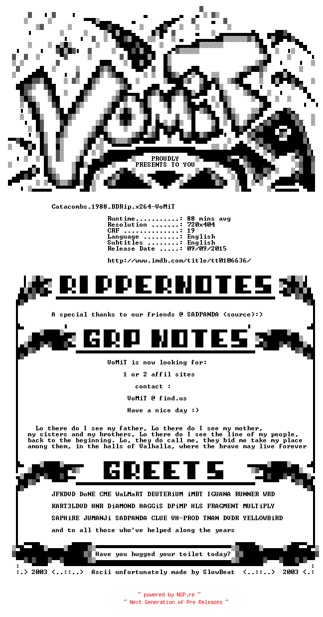 NFO for the release Catacombs.1988.BDRip.x264-VoMiT by VoMiT