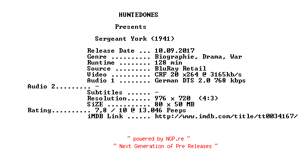 NFO for the release Sergeant.York.1941.German.720p.BluRay.x264-HUNTEDONES by HUNTEDONES