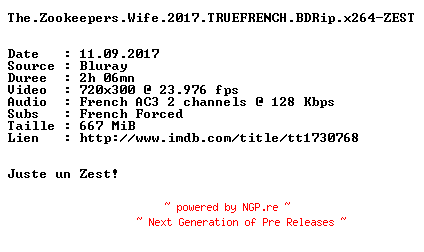 NFO for the release The.Zookeepers.Wife.2017.TRUEFRENCH.BDRip.x264-ZEST by ZEST