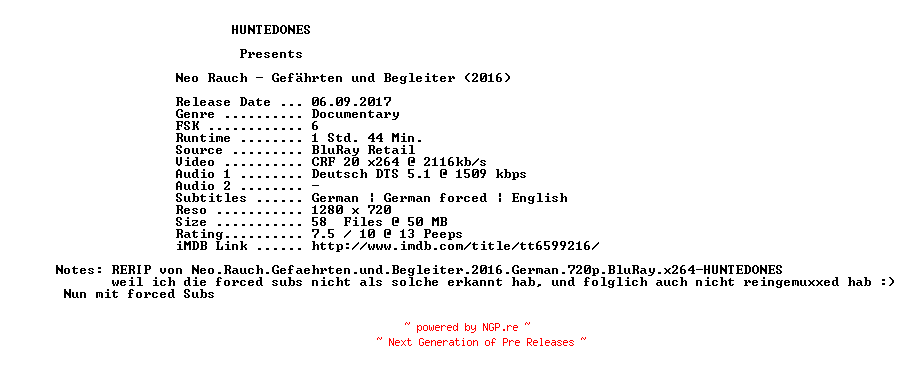 NFO for the release Neo.Rauch.Gefaehrten.und.Begleiter.2016.German.RERIP.720p.BluRay.x264-HUNTEDONES by HUNTEDONES