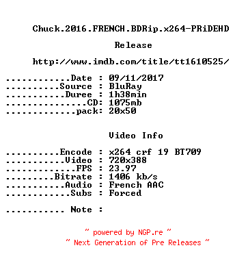 NFO for the release Chuck.2016.FRENCH.BDRip.x264-PRiDEHD by PRiDEHD