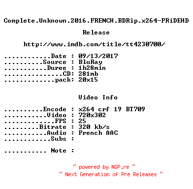 NFO for the release Complete.Unknown.2016.FRENCH.BDRip.x264-PRiDEHD by PRiDEHD