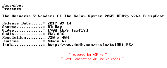 NFO for the release The.Universe.7.Wonders.Of.The.Solar.System.2007.BDRip.x264-PussyFoot by PussyFoot