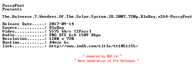 NFO for the release The.Universe.7.Wonders.Of.The.Solar.System.3D.2007.720p.BluRay.x264-PussyFoot by PussyFoot