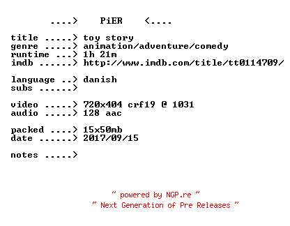 NFO for the release Toy.Story.1995.iNTERNAL.DANiSH.BDRip.x264-PiER by PiER