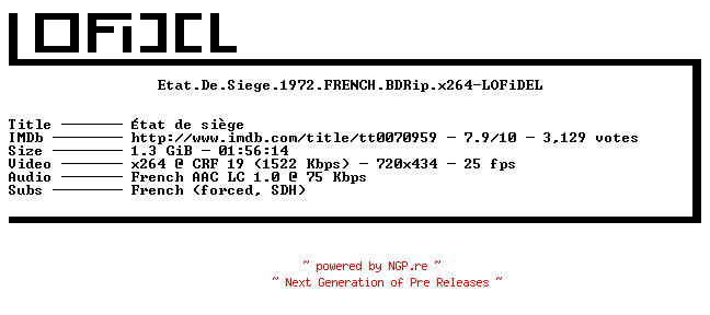 NFO for the release Etat.De.Siege.1972.FRENCH.BDRip.x264-LOFiDEL by LOFiDEL