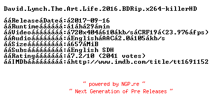 NFO for the release David.Lynch.The.Art.Life.2016.BDRip.x264-killerHD by killerHD