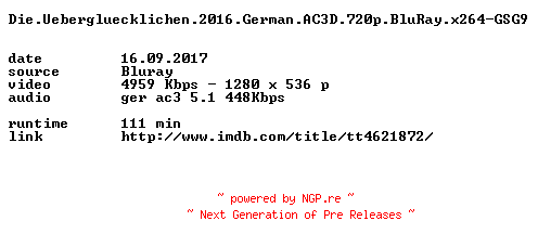 NFO for the release Die.Uebergluecklichen.2016.German.AC3D.720p.BluRay.x264-GSG9 by GSG9