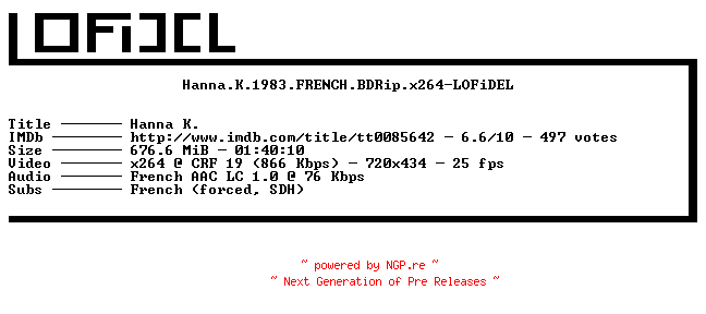 NFO for the release Hanna.K.1983.FRENCH.BDRip.x264-LOFiDEL by LOFiDEL