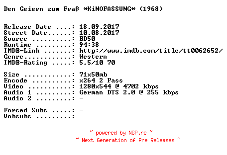 NFO for the release Den.Geiern.zum.Frass.1968.KiNOFASSUNG.German.720p.BluRay.x264-SPiCY by SPiCY