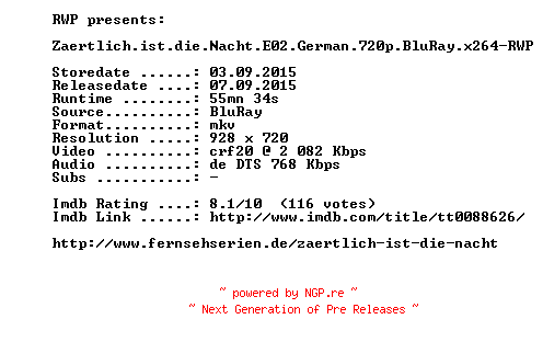 NFO for the release Zaertlich.ist.die.Nacht.E02.German.720p.BluRay.x264-RWP by RWP