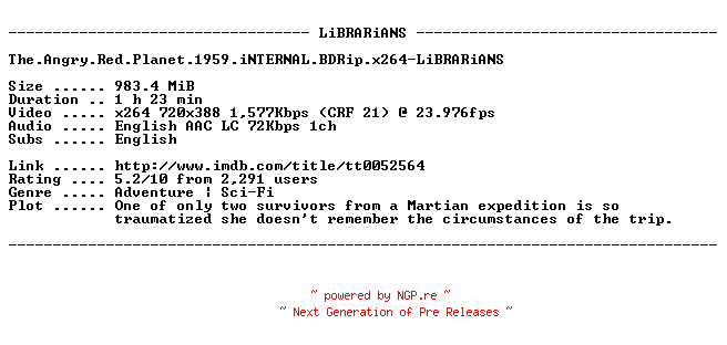 NFO for the release The.Angry.Red.Planet.1959.iNTERNAL.BDRip.x264-LiBRARiANS by LiBRARiANS