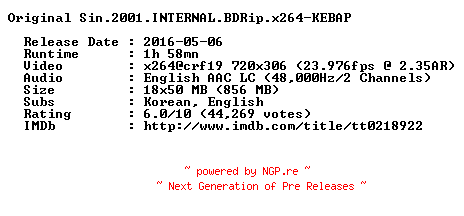 NFO for the release Original.Sin.2001.INTERNAL.BDRip.x264-KEBAP by KEBAP