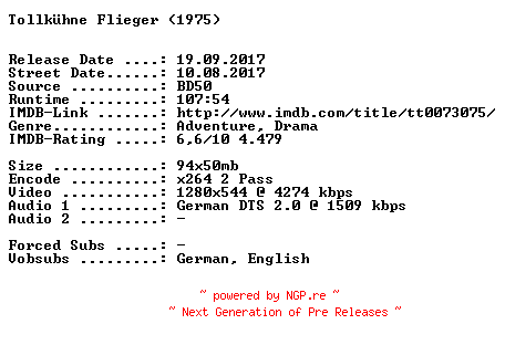 NFO for the release Tollkuehne.Flieger.1975.German.720p.BluRay.x264-SPiCY by SPiCY