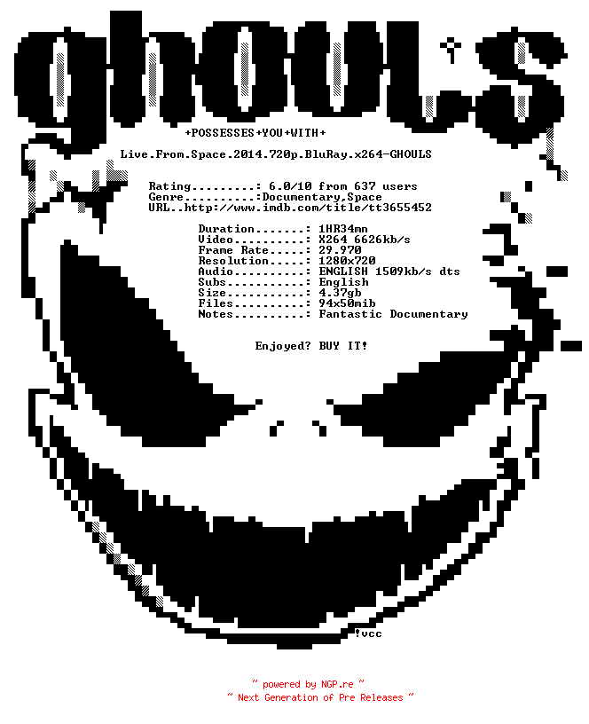 NFO for the release Live.From.Space.2014.720p.BluRay.x264-GHOULS by GHOULS