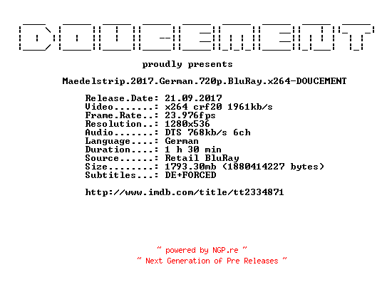 NFO for the release Maedelstrip.2017.German.720p.BluRay.x264-DOUCEMENT by DOUCEMENT