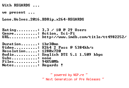NFO for the release Lone.Wolves.2016.720p.BluRay.x264-REGARDS by REGARDS
